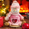 Pink knit snowman gift bag with heart window and Happy Holiday embroidery for Christmas - Pink Christmas - Snowman
