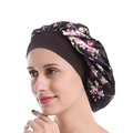 Cuffia da notte in raso floreale nero con motivi a fiori rosa e viola per capelli - Nero