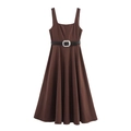 Robe midi sans manches marron foncé avec décolleté carré et ceinture à la taille - XS / café