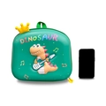 Mochila infantil verde con diseño de dinosaurio tocando guitarra y detalle de corona - Dinosaurio Verde