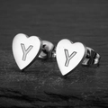 Minimalist silver heart stud earrings with engraved letter Y on brushed stainless steel - Letter Y / Steel