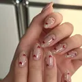 Handmade press-on nails X-0073 featuring nude pink base, red hearts, and silver rhinestones - No Accessories Style / X-0073 Nude Red Heart