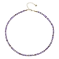 Detailed view of bohemian purple beaded necklace with gold spacers and heart charm pendant - Natural Amethyst Necklace