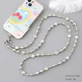 Silver beaded crossbody phone strap with metallic pearls and 60cm length chain - Silver Irregular Flat Beads