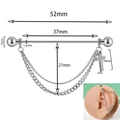 Silver industrial barbell earring with cross pendant and double chain detail - Double Layer Chain With Cross