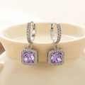 Elegant silver earrings featuring a square drop with a round purple zircon stone - Purple-Silver