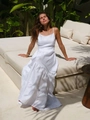 Abito lungo bianco con scollo all'americana e balze per le vacanze estive al mare - S / Bianco