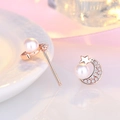 Elegant rose gold star and moon stud earrings featuring white pearls and zircon accents - Rose Gold Star Moon Pearl Stud Earrings (C124)
