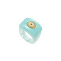 Sky blue resin square ring with gold metal center piece and blue gemstone detail - Gold Lake Blue