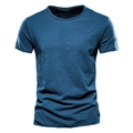 Detail showing deep blue slub cotton fabric texture and V-neckline of a men's t-shirt - S / Crew Neck / Denim Blue