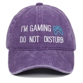 Detail of gaming embroidery on washed purple cotton baseball cap with controller icon - Purple