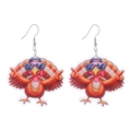 Detailed view of acrylic Thanksgiving turkey earrings with sunglasses and purple baseball caps - No.9 (Purple Hat Cool Turkey)
