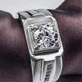Men's silver ring with round moissanite center stone and side accents on purple fabric - White Diamond (white Copper Plated With White Gold) Ljz-173 / Adjustable Open