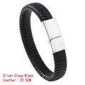 Men's braided black leather bracelet with silver magnetic clasp and 22.5cm length - 22.5CM / Silver Buckle Black Leather