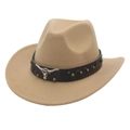 Chapeau de cowboy en feutre kaki avec tête de taureau argentée et rivets dorés - Enfants (52-54CM) / Camel
