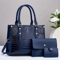 Three-piece dark blue crocodile embossed tote bag set with detachable strap and gold hardware - Blue