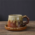 Japanese retro ceramic coffee cup and saucer set with unique brown flow glaze finish - Yellow Spray - Coffee Cup + Saucer 310ml / Universal
