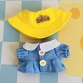 Puppenkleid-Set in Blau und Gelb mit Smile-Stickerei für 17 cm große Plüschfiguren - Passend für 17cm Puppe / Gelber Canvas-Hut mit Öffnung + Blaues Rock mit Knöpfen