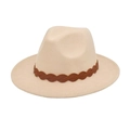 Close-up of beige fedora wool hat with a brown braided leather band and flat brim - M (56-58cm) / Beige