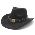 Classic black suede western cowboy hat with decorative vintage brown leather band - Black Suede