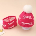 Pink winter knit baby hat and neck warmer set with white bow patterns and pom pom - Rose Red