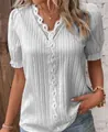 Detailed close-up of white summer blouse featuring lace V-neckline and pleated texture - S / Light Gray