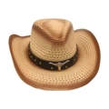 Western straw cowboy hat with vintage bull head leather band and brown gradient brim - One Size / Off-white 2 (Black Leather Bull Head)