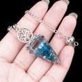 Tree of Life blue crushed crystal resin pendulum with hexagonal cone and spiral copper coil - Apatite