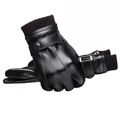 Black leather thermal gloves with knitted cuffs and buckle design for winter warmth - Three-Line Ribbed Cuff Style