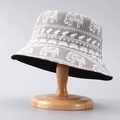 Close-up of elephant print pattern on taupe cotton canvas bucket hat fabric texture - One Size / Grey Elephant