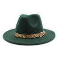 Detail of dark green wool felt jazz hat with braided brown band and silver metal buckle - M (56-58cm) / Dark Green