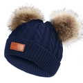 Winter kids knitted beanie hat with dual faux fur pom poms warm thick fleece baby cap - Navy Blue