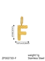 Polished gold stainless steel letter F pendant with sunburst texture and sizing info - Letter-F / Gold