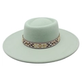 Close-up of mint green wool felt hat with vintage ethnic woven geometric patterned band - M (56-58cm) / Mint Green
