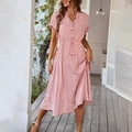Vestido midi rosa de lunares con cuello en V, manga corta y lazo en la cintura de mujer - S / Rosa