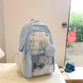 Light blue and cream Korean style backpack with transparent window and plush pendant - No Pendant / Blue