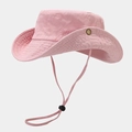 Detail of pink cotton sun hat featuring adjustable windproof drawstring and metal side snaps - One Size / Pink