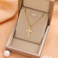 Elegant gold titanium steel cross necklace with shimmering micro-pave crystals on satin - 9215 / Gold
