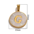 Gold stainless steel letter G pendant with white shell inlay, size 32mm by 22mm - Gold G