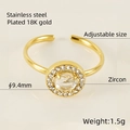 18K goud vergulde roestvrijstalen verstelbare ring met een ronde zirkoon in het midden - Verstelbaar Open / Witte Zirkonia