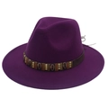 Detail of dark purple fedora hat featuring leather band with metal and shell decorations - M (56-58cm) / Purple