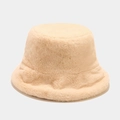 Close-up of the plush and thick beige faux fur fabric on this warm winter bucket hat - Flat Top Bucket Hat / Beige