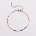 Detail of colorful enamel beads on a silver stainless steel chain with lobster clasp - Silver + Multicolor Enamel