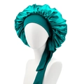 Detail of teal satin sleep cap with pleated design and elastic ribbon on a white mannequin - Peacock Blue
