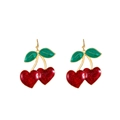 Cute red glitter cherry drop earrings with green leaves and gold hooks - Red Heart Glitter Cherry (0302)