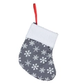 Gray Christmas stocking with white snowflake patterns and plush cuff for gift holding - Grey Snowflake Mini Stocking White Cuff