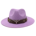 Detail of purple woven cowboy hat featuring a silver bull head buckle on a brown leather band - Taro Purple