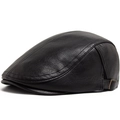 Classic black PU leather newsboy cap with adjustable buckle and vintage matte texture - Adjustable / Black