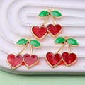Mini DIY cherry charm pendant with red heart fruits and golden edges for jewelry making - Style 38