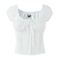 Slim fit French style white puff sleeve square neck top with button detail for women - S / White